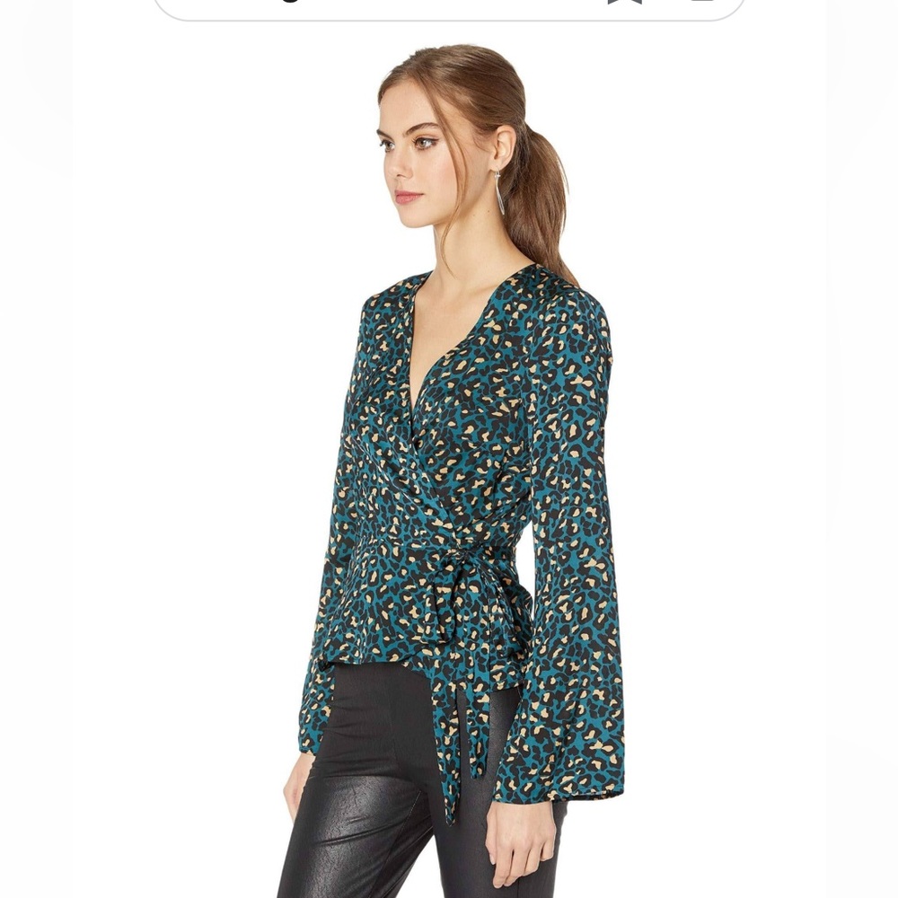 BCBGeneration Teal Leopard Print True Wrap Blouse